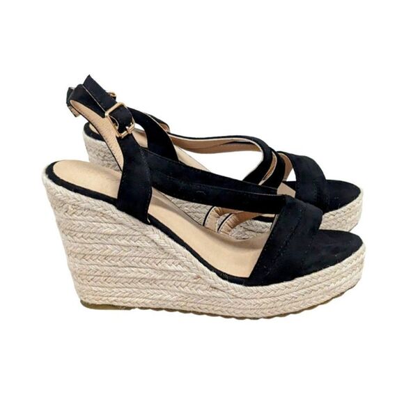MixATB Womens Size 9.5 Tan Black Ankle Strap Wedge Heel Espadrille Sandals - Picture 1 of 11